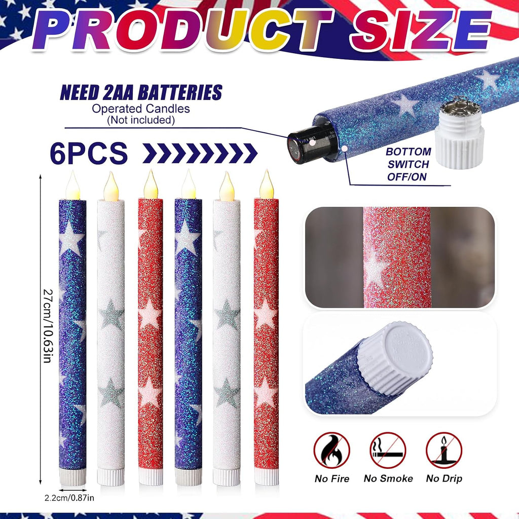 6 Pcs Patriotic Flameless Taper Candles, Glitter Red White and Blue Star Candles for 4th of July 250th Anniversary of Independence Day Home Party Decor, Battery Operated LED Candlesticks