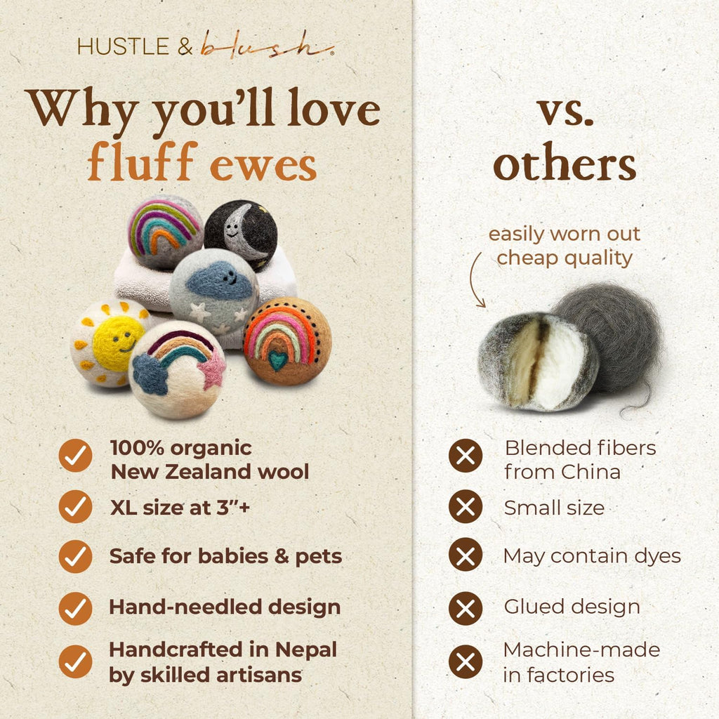 Fluff Ewes Wool Dryer Balls 6 Pack, Rainbow or Shine, XL