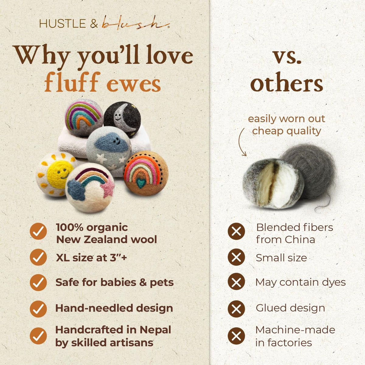 Fluff Ewes Wool Dryer Balls 6 Pack, Rainbow or Shine, XL