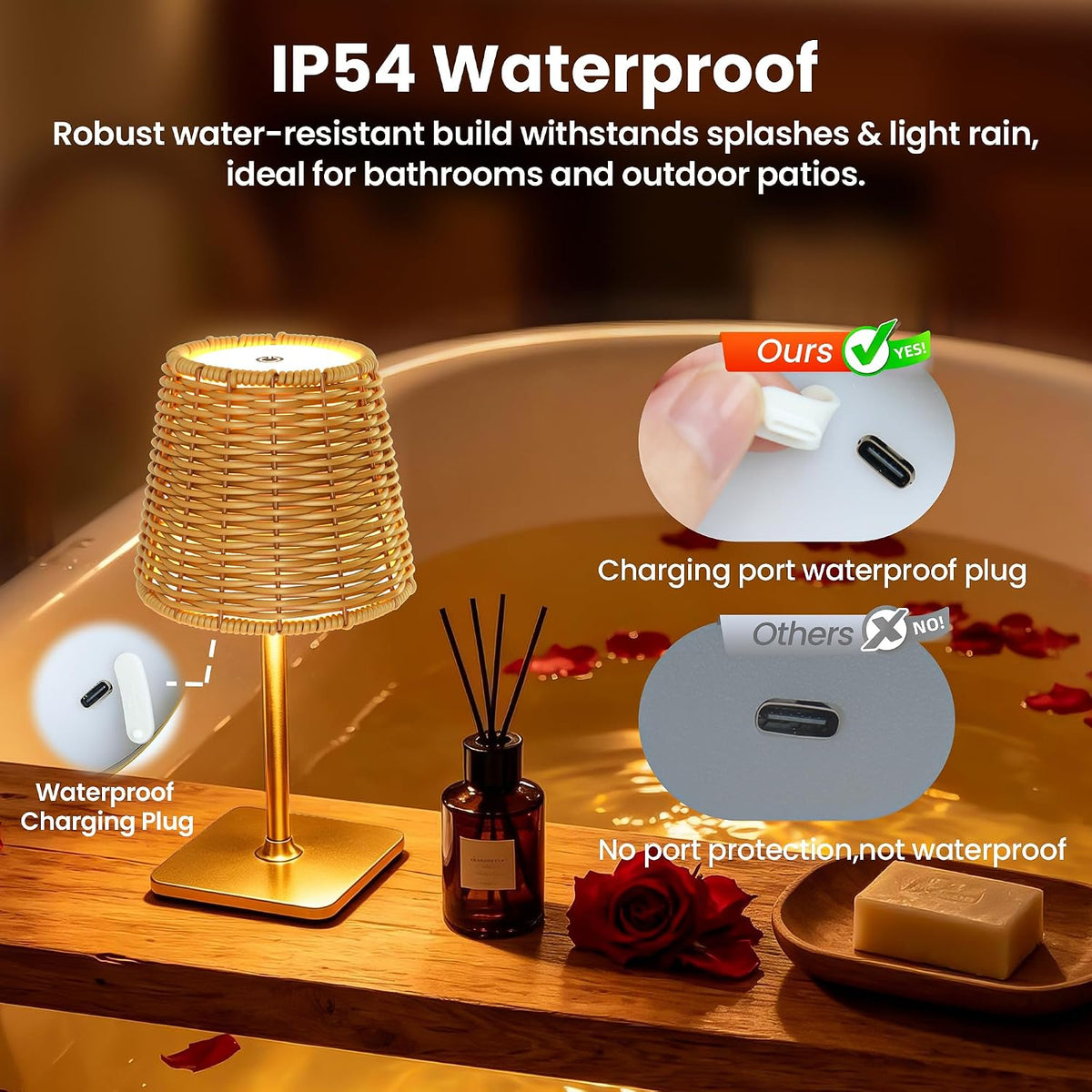 Waterproof Outdoor Rechargeable Cordless Table Lamp with Wicker Shade, Battery Operated Portable Table Light with Adjustable Height Pole, for Patio Restaurant Kitchen Dinner (Gold)