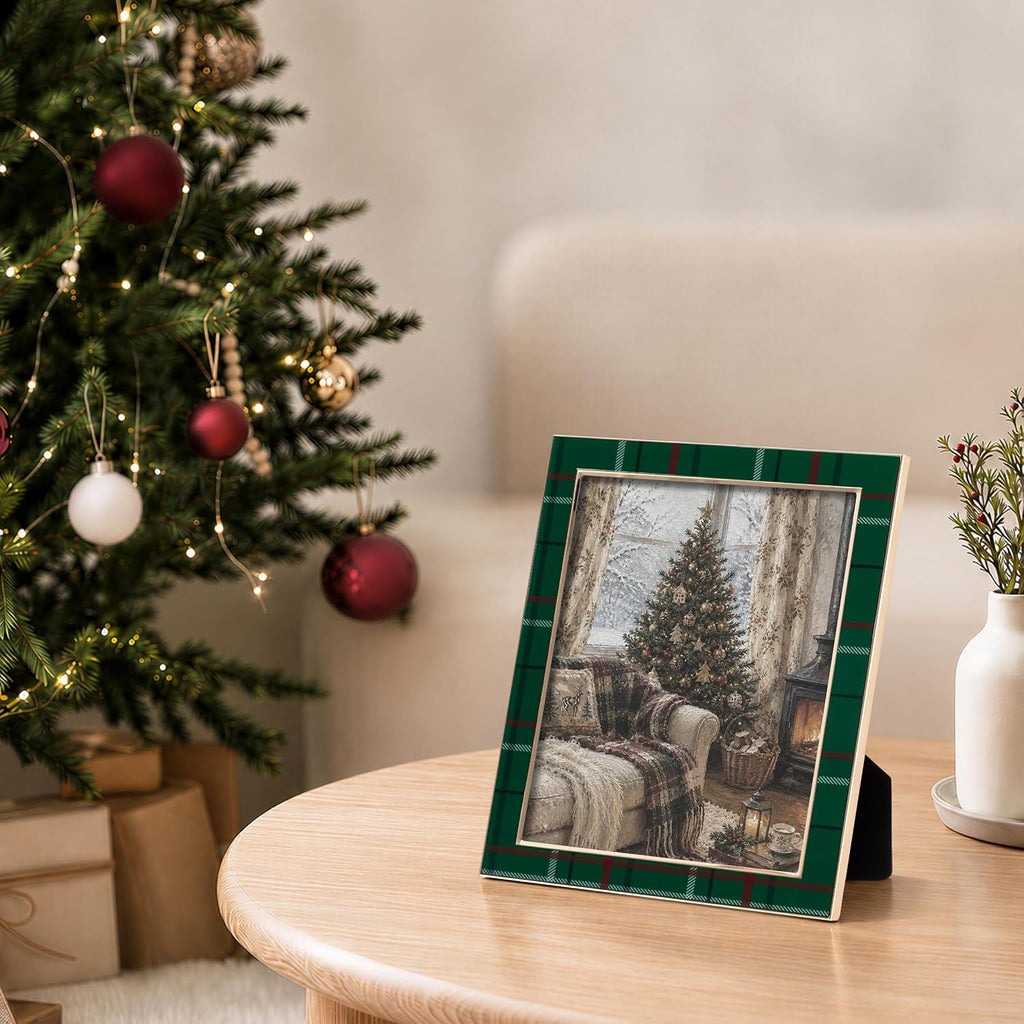 eletecpro Christmas Enamel Picture Frame Glass Cover Green Plaid 8x10