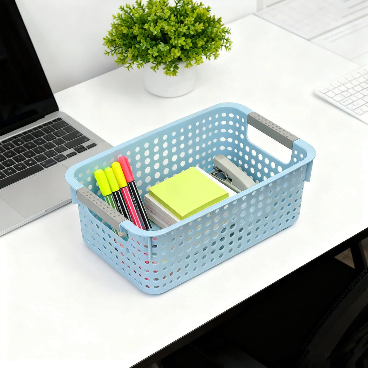 Soddeph 4-Pack Hollow Plastic Storage Baskets with Handles(Blue, Small)