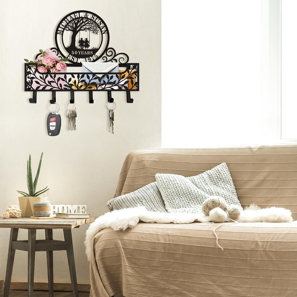 Personalized Metal Family Name Key and Mail Holder, Wall Mount Entryway Organizer with Hooks, Custom Key Rack for Kitchen, Bathroom, and Home Storage