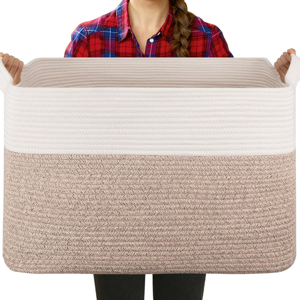 Extra Large Laundry Basket, 95L Blanket Basket for Living Room, Cotton Rope Toy Storage for Kids, Woven Baskets for Clothes, Towels, Pillows, 24" x 17" x 14", Brown and White