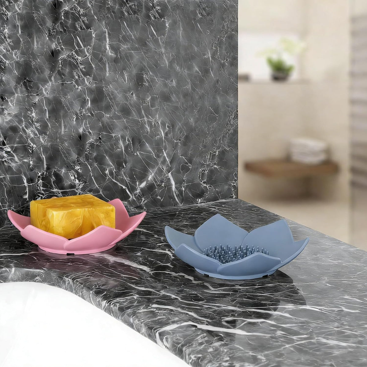 3 Pack Soap Dish, Bar Soap Holder, Bathroom Soap Tray with Drain, Lotus Silicone Soap Holder for Bathroom Shower (Blue, Pink, White)