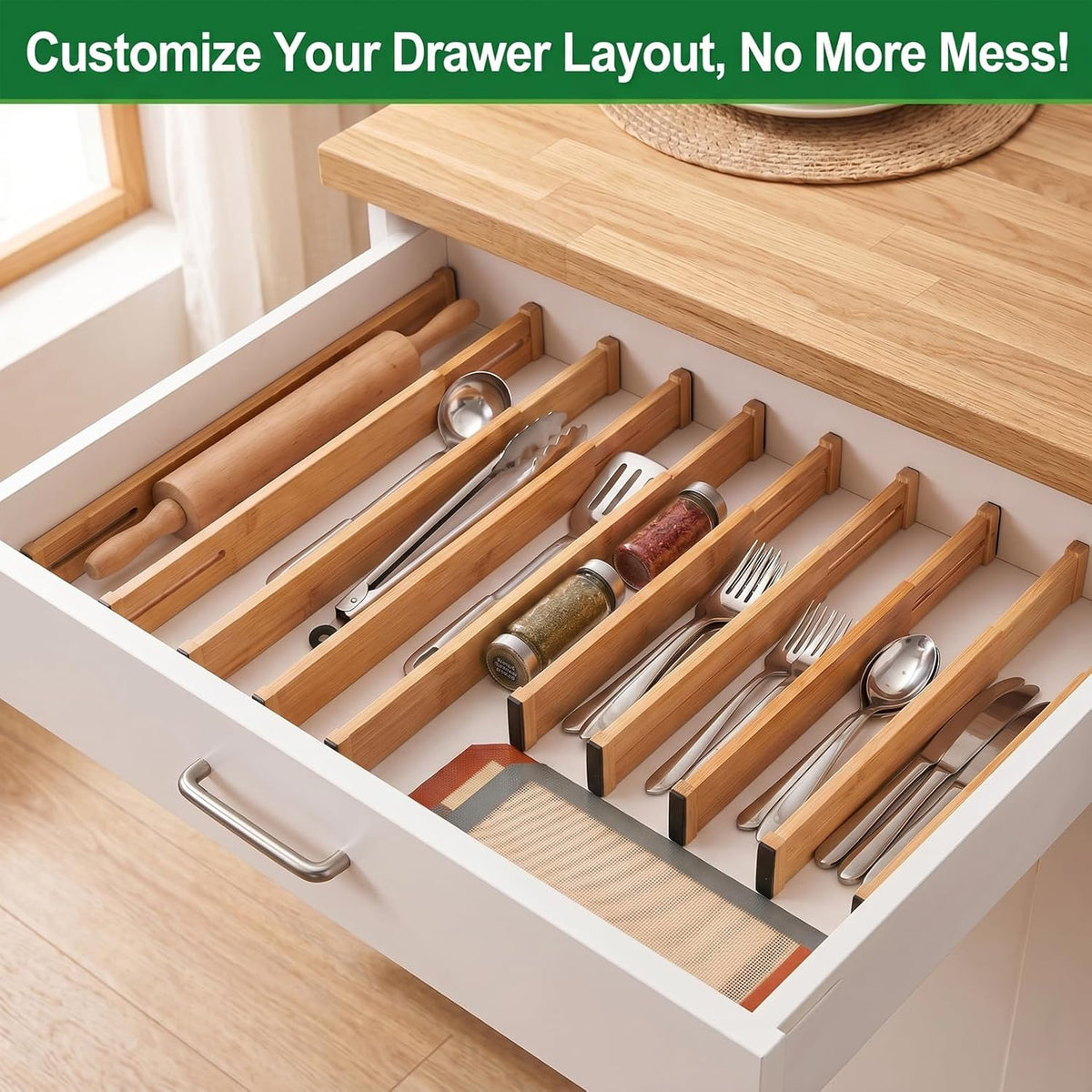 6 Pack Bamboo Drawer Dividers, Dresser Separators 16.6" to 21.8"