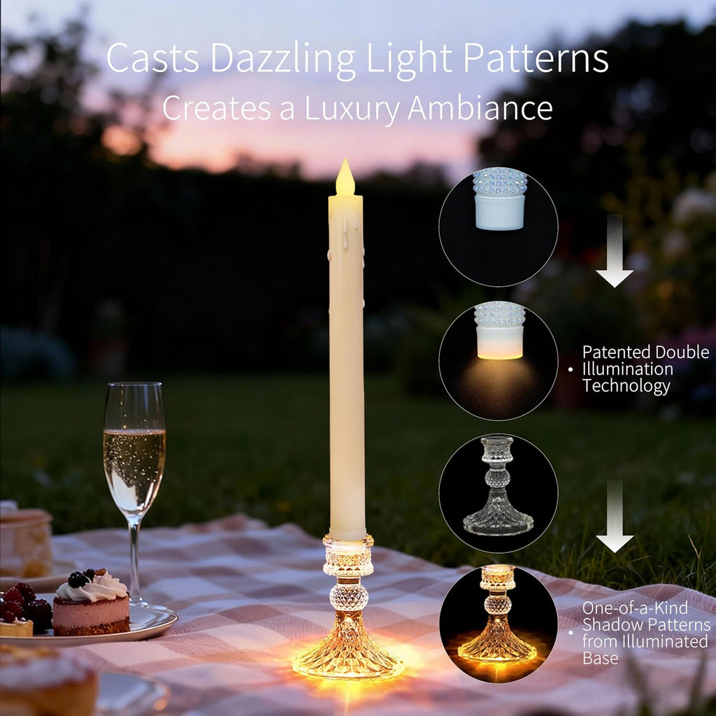 Flameless Taper Candles with Illuminated Glass Candle Holder, Remote Timer 2AA Battery Operated 500+ Hours for Thanksgiving/Xmas Decor, Wedding Centerpiece, Ivory, 2 Pack