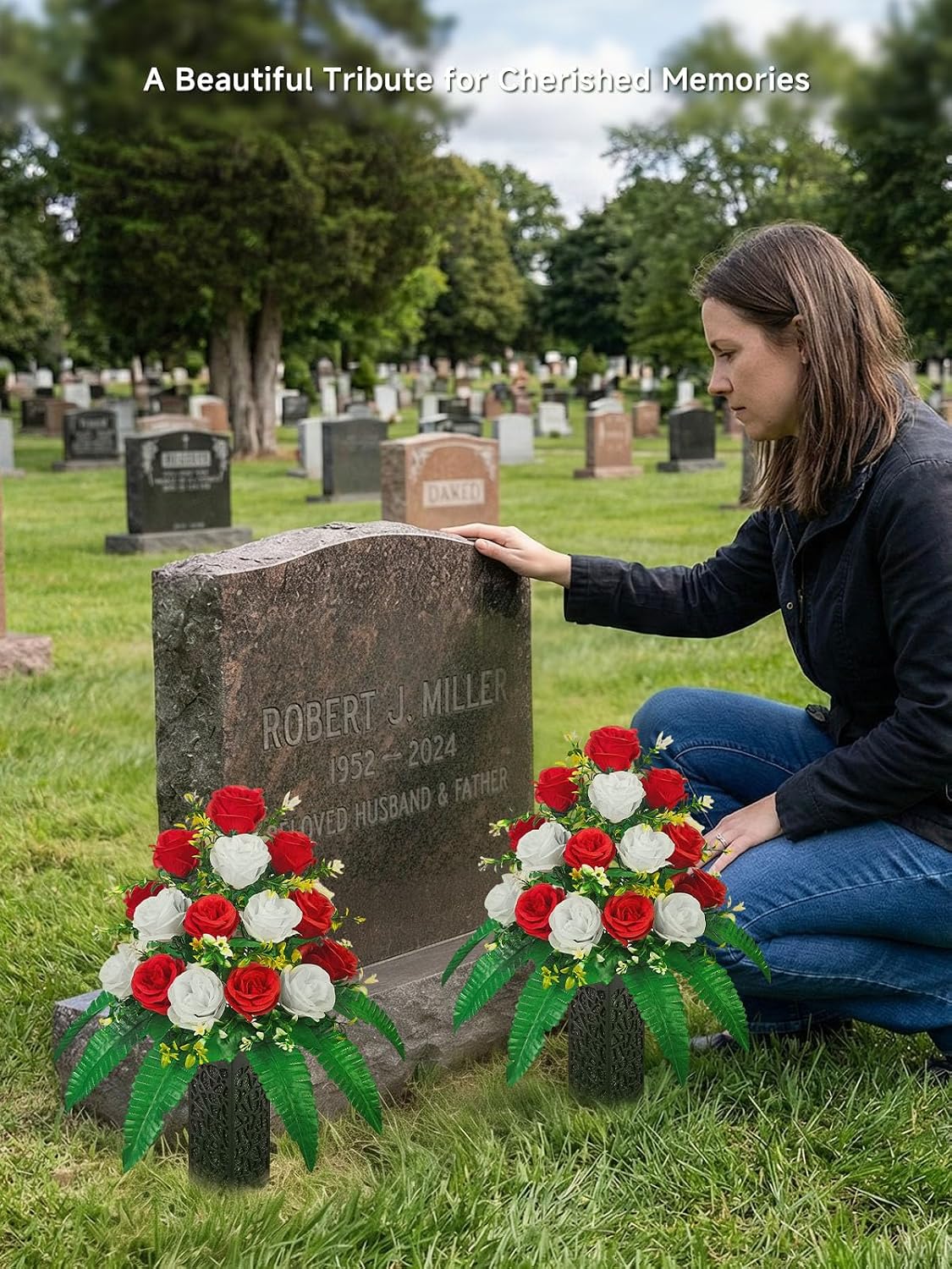 Mirevielyn 18-Stem Artificial Rose Cemetery Flowers with Spiked Vases
