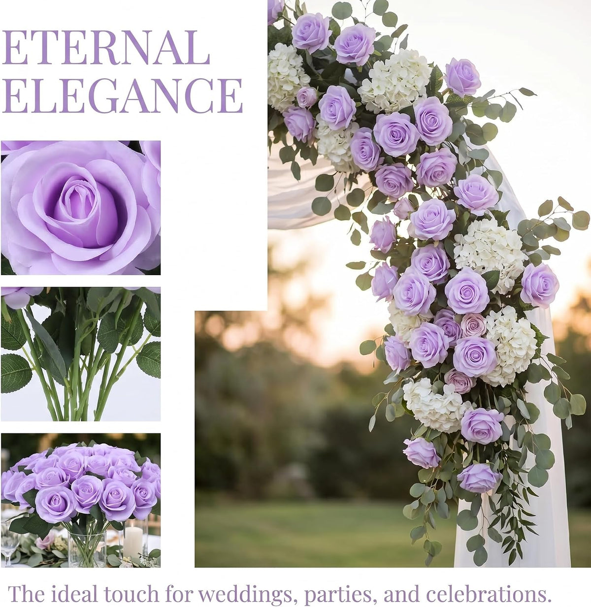 52pcs Lavender Roses Artificial Flowers Fake Flowers Silk Roses with Stems for DIY Wedding Bouquets Bridal Shower Centerpieces Arrangements Party Decorations