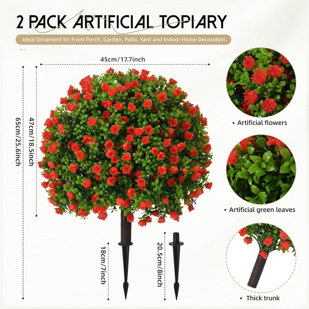 Artificial Topiary Ball Trees, Red, 2 Pack, 25.6 Inch