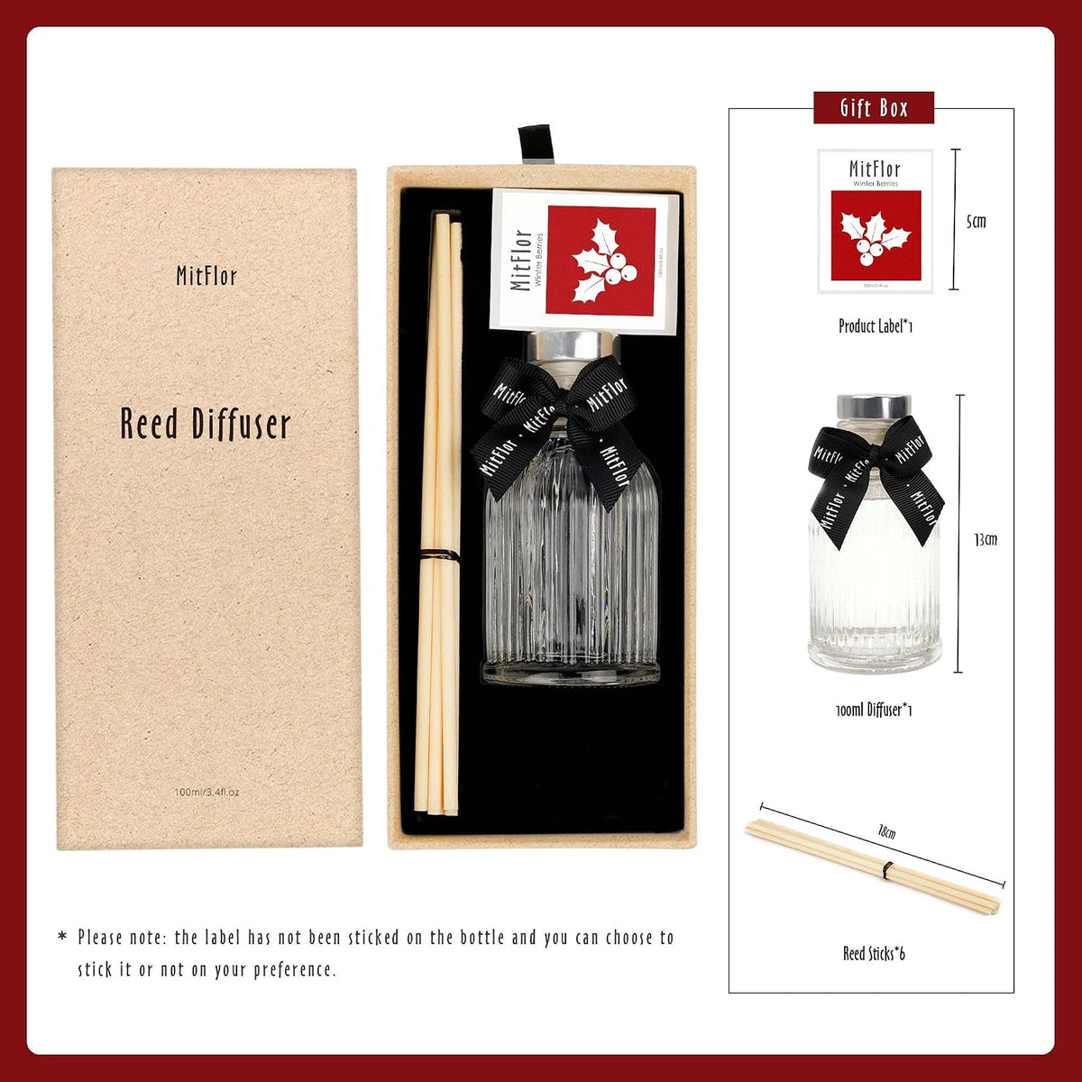 Reed Diffuser, MitFlor Winter Berries Fragrance Diffuser Set with Natural Rattan Sticks, Holiday Scent Oil Diffuser for Bedroom, Bathroom and Home Décor, 3.4 fl oz