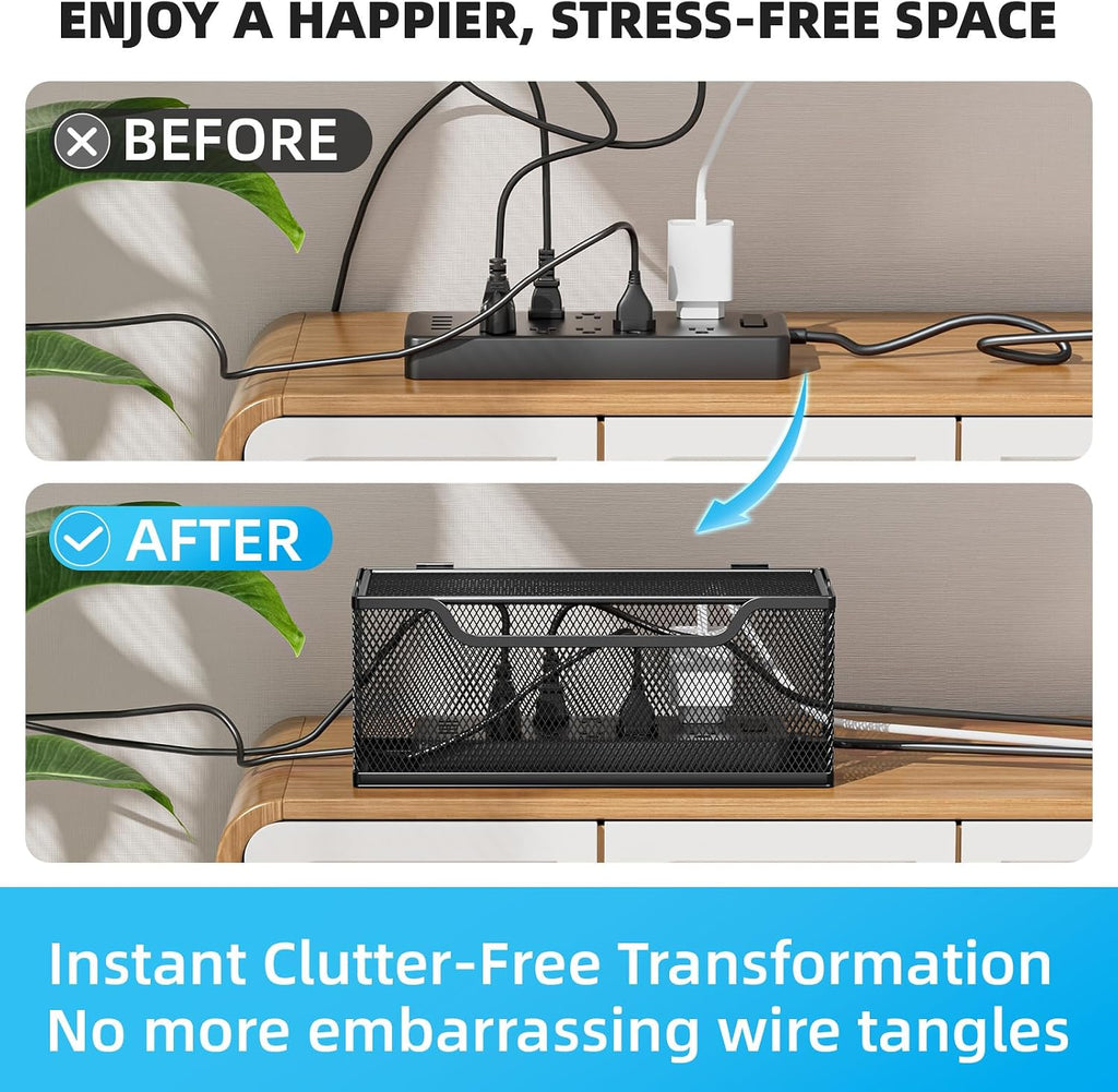Marbrasse 3 Pack Cable Management Box, Metal Mesh Cord Organizer Box for TV Wires, Electrical Hiding, Power Strip – Under Desk Cable Storage Box with Cable Clips&Reusable Cable Ties for Home/Office