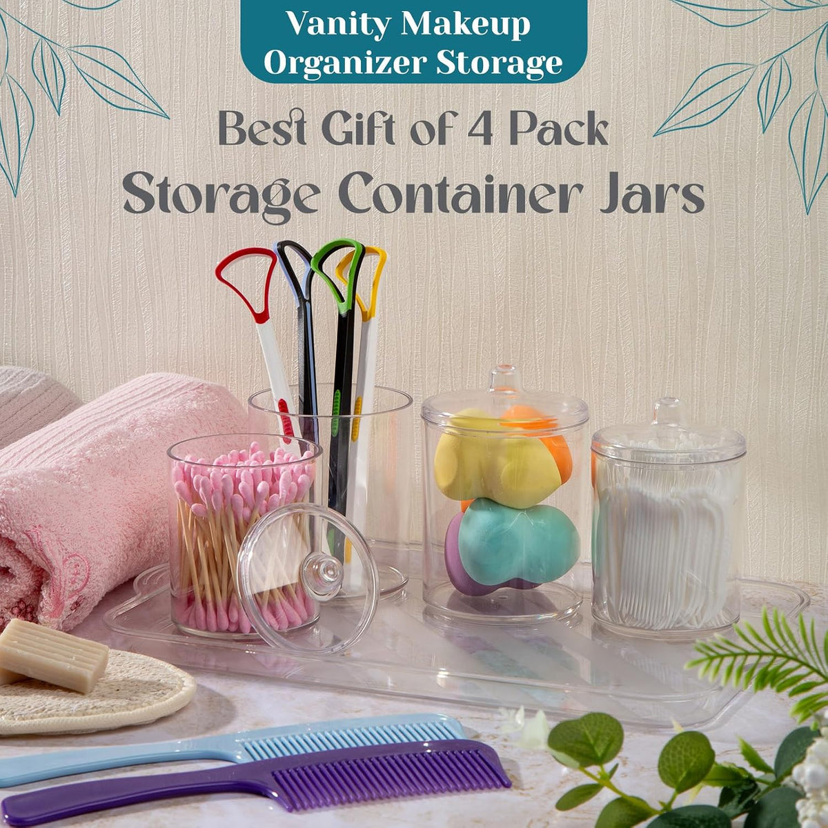 Qtip Holder Set, 4 Pack Clear Plastic Apothecary Jars with Lids — Cotton Swabs Holder, Cotton Balls Storage, Bathroom Canisters & Vanity Organizer for Q-Tips, Floss Picks