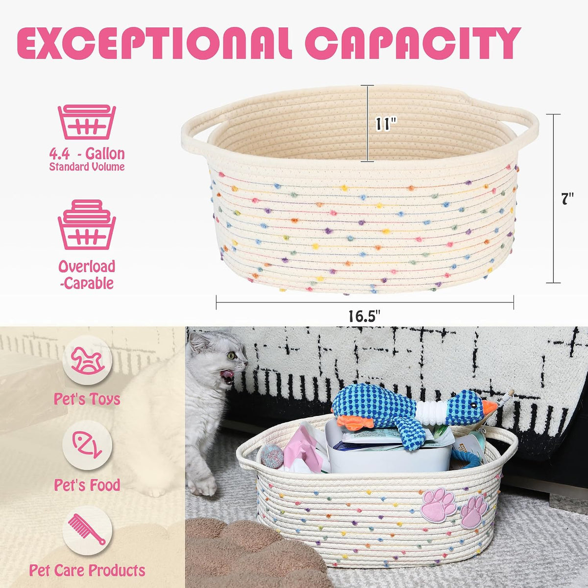 Sea Team Pet Toy Basket with Handles for Cats and Dogs, Rainbow Paw