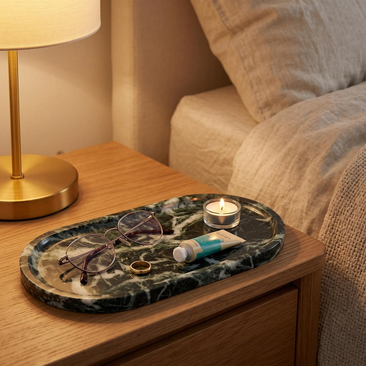 YKAJO Snowflake Green Oval Marble Tray, 11.8x5.9 Vanity Perfume Organizer