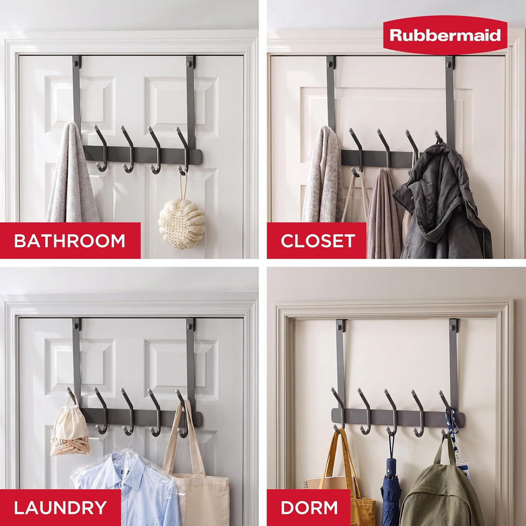 Rubbermaid Over the Door Hook Rack with 5 Double Hooks, No Drill Needed, for Towels, Robes, Hanging Accessories in Bathroom, Bedroom, Closet, Dorm, Gray
