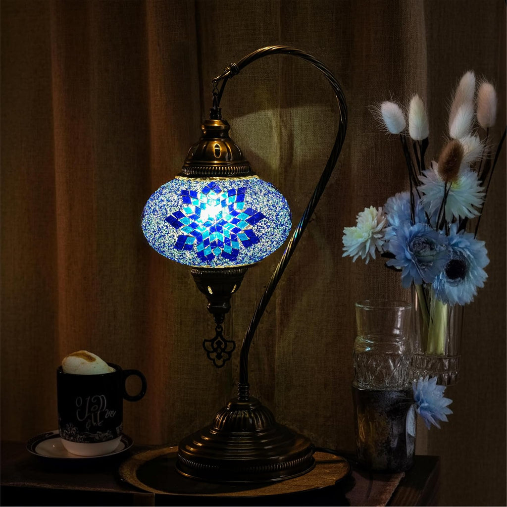 Turkish Mosaic Swan Neck Table Lamp, E12 Bulb Included, US Plug