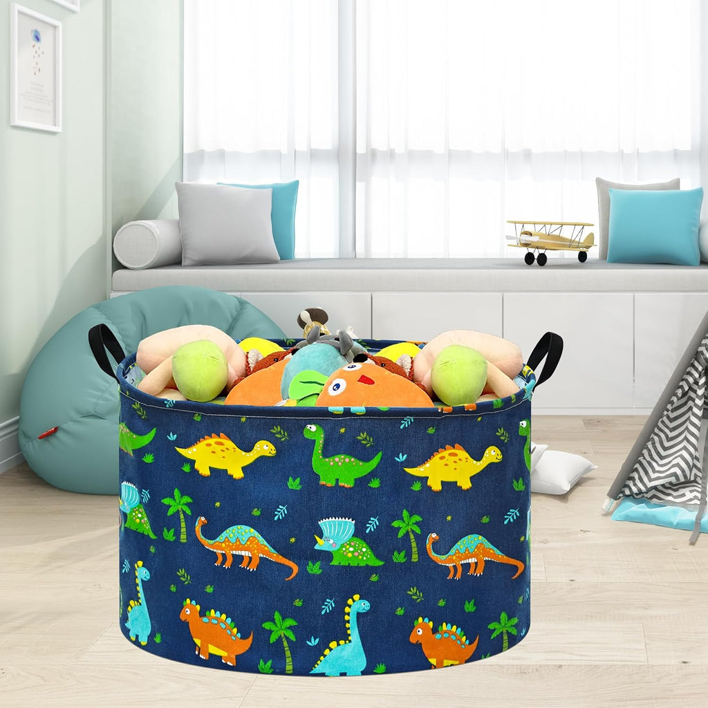Dinosaur Storage Basket, Large Collapsible Toy Storage Bin with Handles, Cotton Linen Blend Fabric Laundry Basket for Bedroom, Playroom, Nursery, Closet and Home Organization, Navy Blue