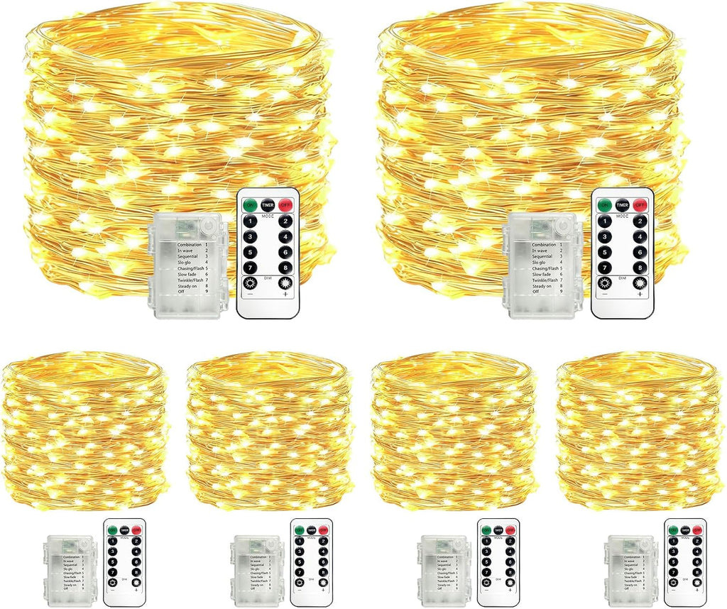 6-Pack Fairy Lights Battery Operated, 33ft 100 LED(Total 198ft 600 LEDs)