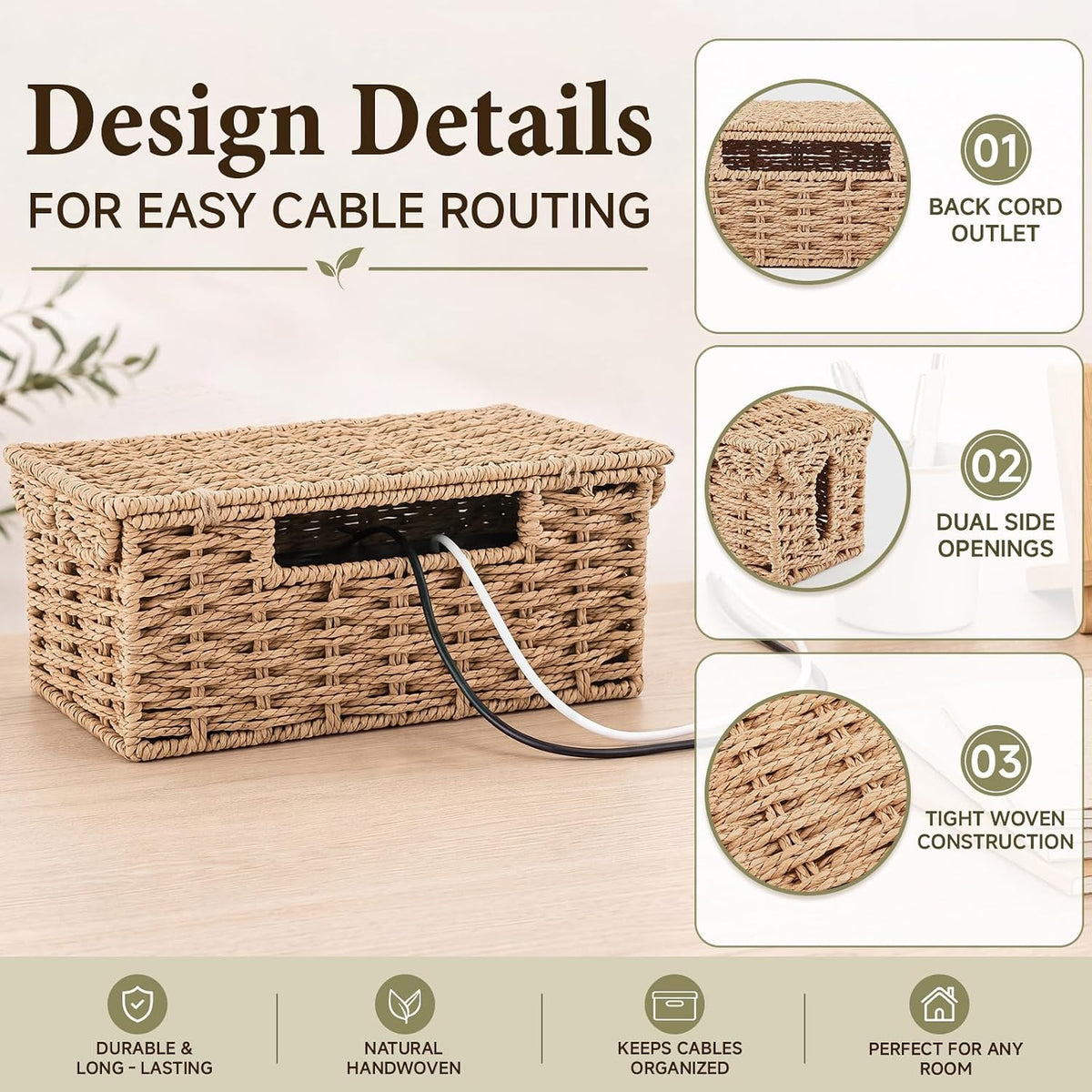 Woven Cable Management Box with Scalloped Lid, 13 Inch Cord Box
