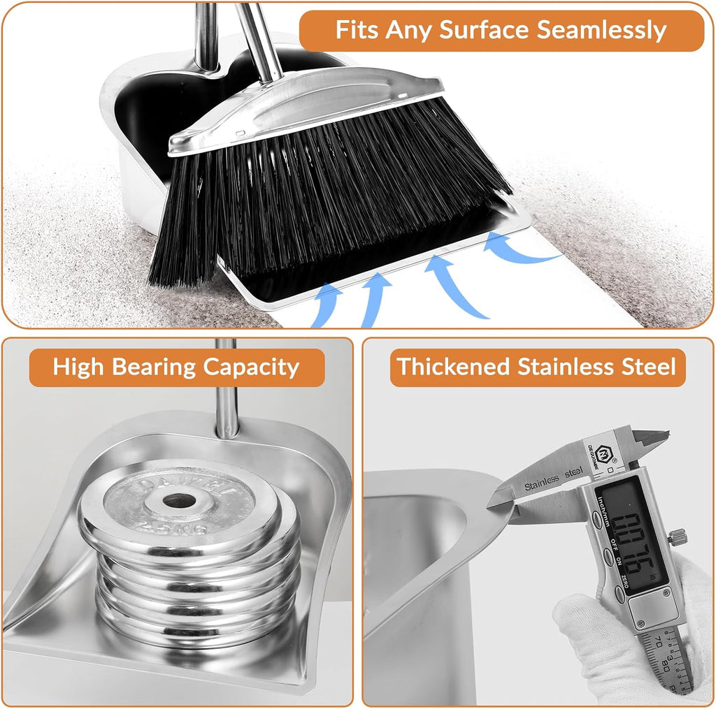 Broom with Dustpan Combo Set, 46" Stainless Steel Broom and Dustpan Set for Home, Heavy Duty Dust Pan with Long Handle, Broom for Sweeping Indoor and Outdoor, Kitchen Broom and Dust Pan (Black)