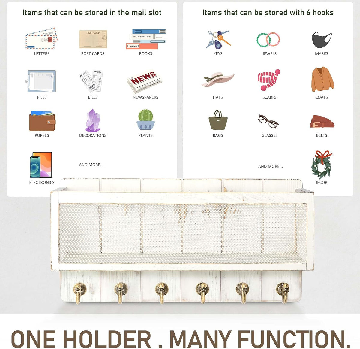 Rebee Vision Key Holder Wall Mount with Mail Basket for Entryway, Whitewash