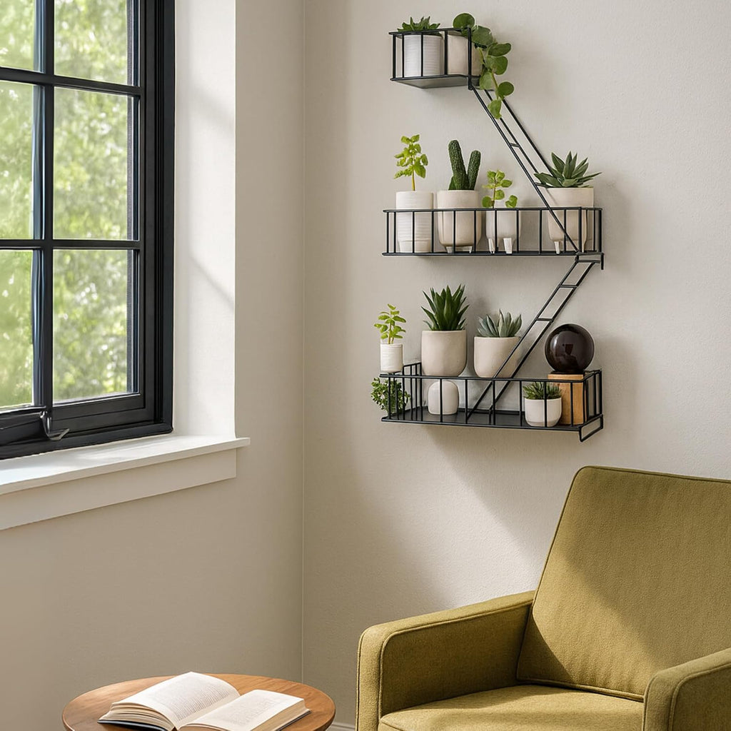 Fire Escape Shelf, Black Metal Decorative Floating Ladder Shelf, 2.5-Tier