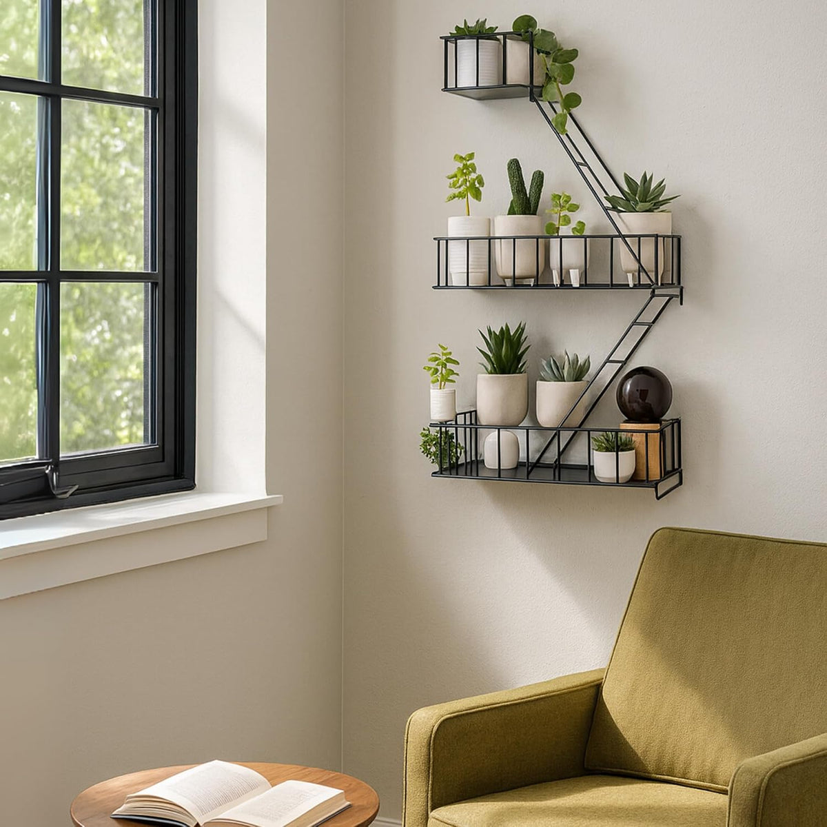 Fire Escape Shelf, Black Metal Decorative Floating Ladder Shelf, 2.5-Tier