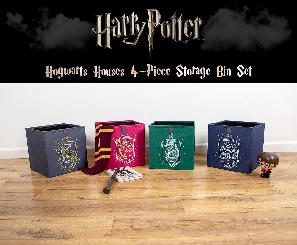Ukonic Harry Potter Hogwarts Houses 11-Inch Storage Bin Cube Organizers, Set of 4 | Fabric Basket Container, Cubby Cube Closet Organizer | Wizarding World Gifts And Collectibles