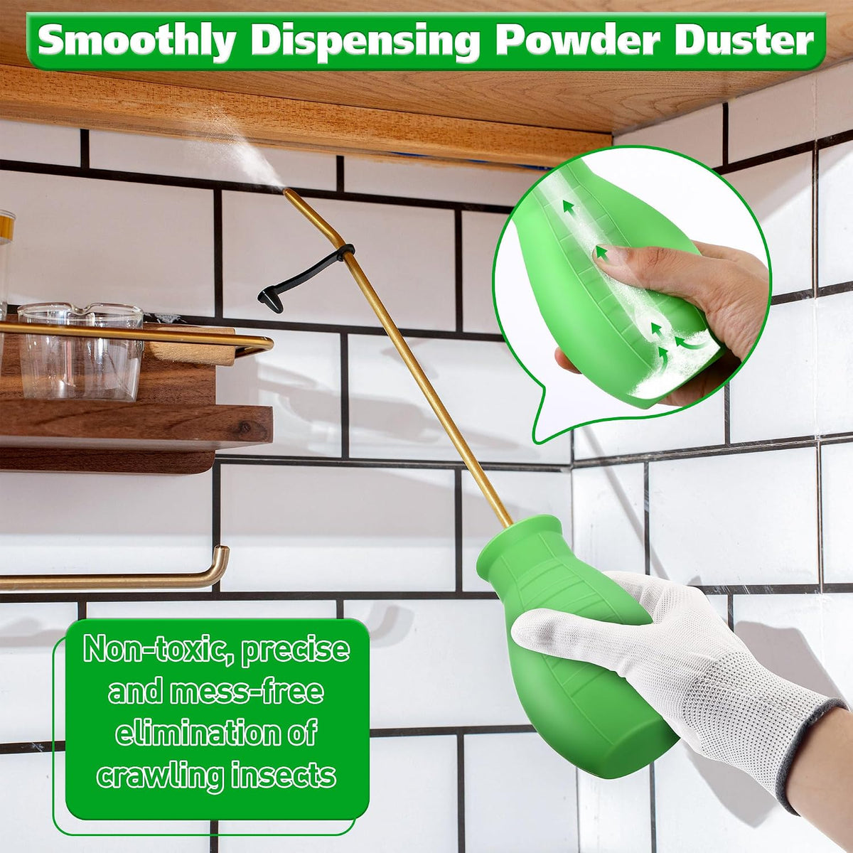 Diatomaceous Earth Powder Duster, 8OZ Garden Powder Applicator Dispenser with Long Metal Tube, Bulb Duster Sprayer for Home Organic Gardening Agricultural Supply(Green,1 Pack)