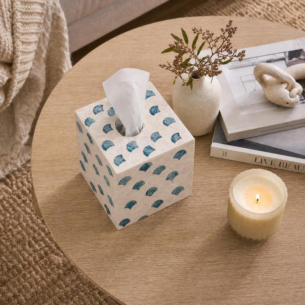 YANGQIHOME Capiz Shells Tissue Box Cover, Handmade Decorative Tissue Box Holder with Mother of Pearl, Square Facial Tissue Holder for Bathroom, Living Room, Kitchen, 5.5" x 5.5" x 5.9" (Blue Tide)