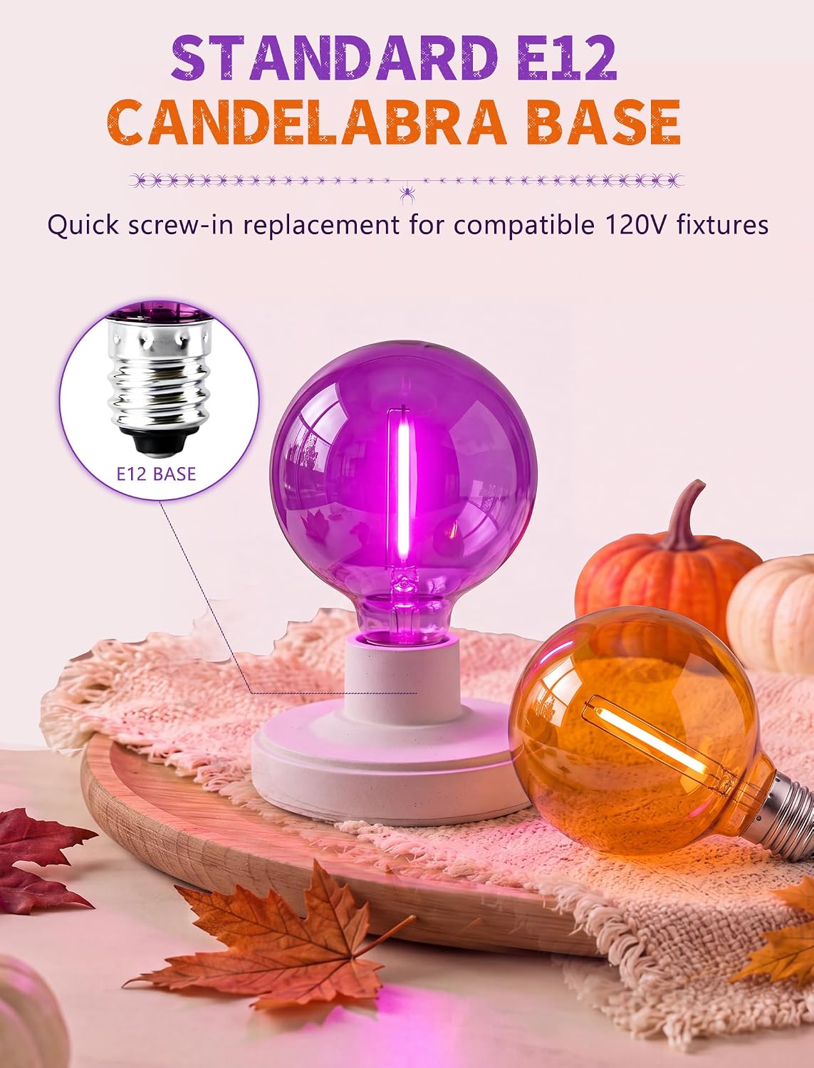 25 Pack G40 Orange and Purple LED Light Bulbs, Shatterproof Plastic Replacement Bulbs, E12 Candelabra Base 0.6W 120V, 2700K Waterproof Outdoor Globe Bulbs for Halloween Decor Patio String Lights