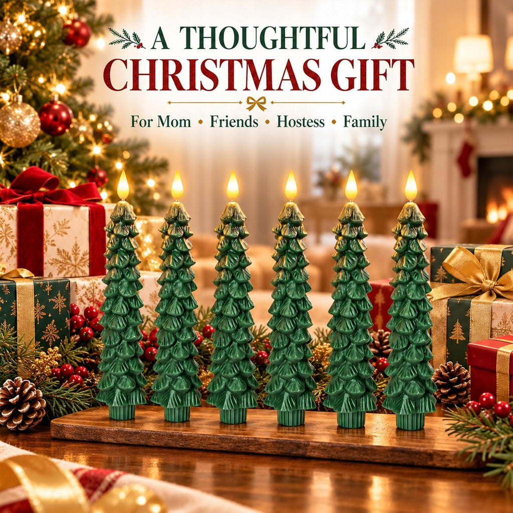 Flameless Christmas Tree Shaped Candles, Taper Xmas Window Decor Gifts