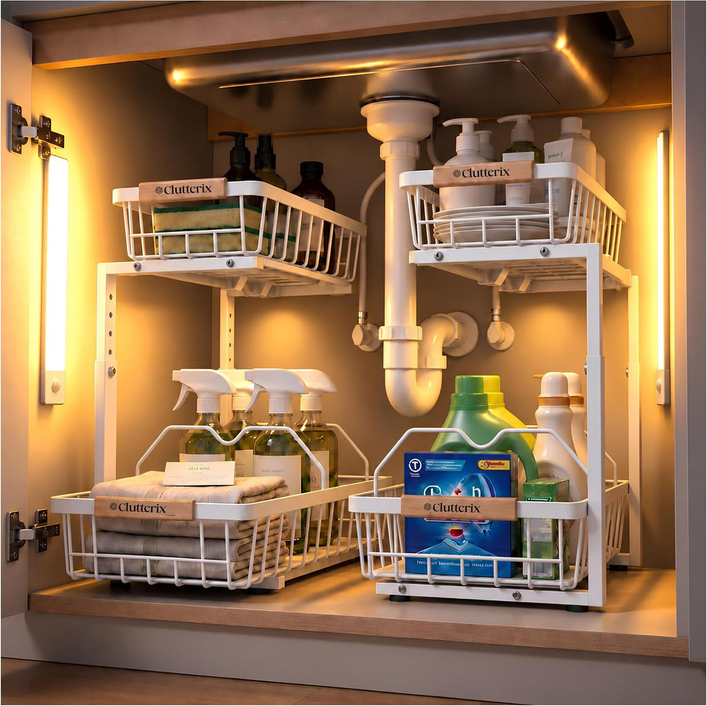 Under Kitchen Sink Organizer with LED Lights, 2 Pack, 2-Tier