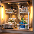Under Kitchen Sink Organizer with LED Lights, 2 Pack, 2-Tier