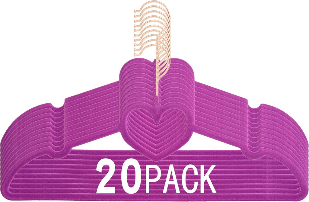 Velvet Hangers 20 Pack, 16" Non Slip Heart Hanger, 360° Swivel Rose Gold Hooks, Durable & Cute Hangers for Adult (Dark Purple)