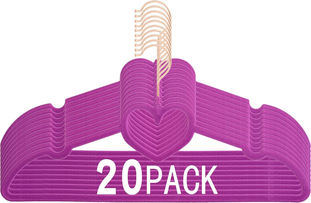 Velvet Hangers 20 Pack, 16" Non Slip Heart Hanger, 360° Swivel Rose Gold Hooks, Durable & Cute Hangers for Adult (Dark Purple)