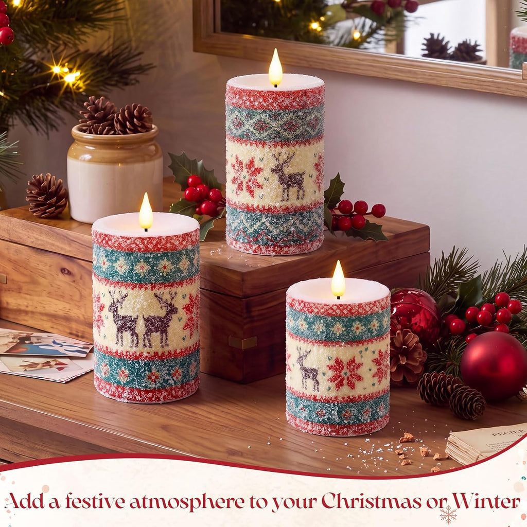 Retisee 3 Pcs Christmas Elk Knitted Sweater Flameless Candles 4" 5" 6"