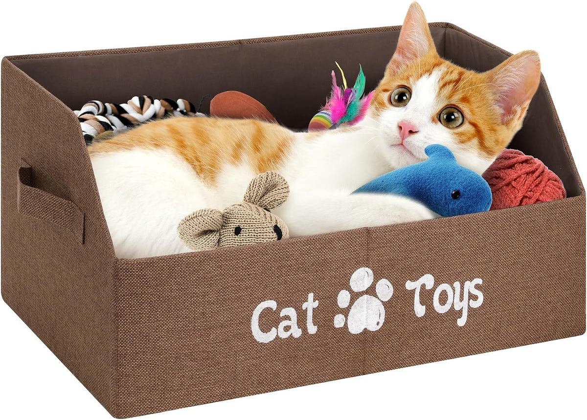 2X Thicker Large Cat Toy Bin - Collapsible Box, Sturdy Basket, Kitten Storage Bed for Organizing Toys, Treats, Clothes and Accessories (Brown)