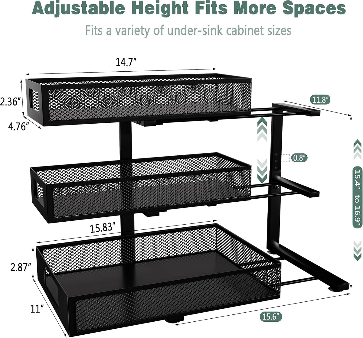 Under Sink Organizer, 3-Tier Height Adjustable Pull Out Cabinet Organizer