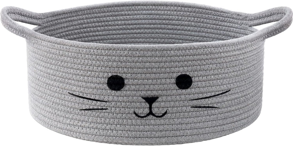 Medium Woven Rope Cat Toy Basket with Cat Face, Grey