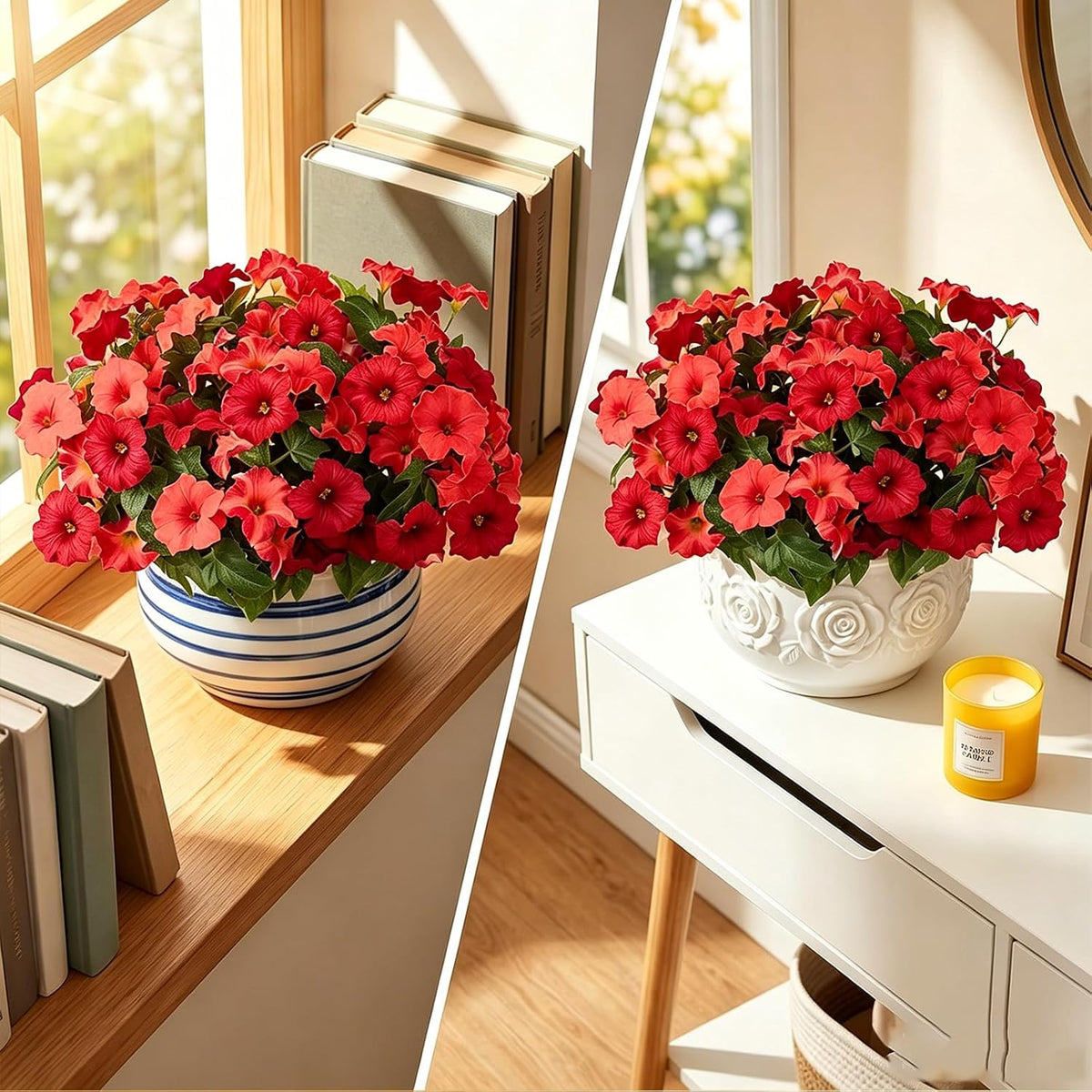 Artificial Flowers for Outdoors, Faux Petunias Spring Summer Decoration, Fake Flowers Plants UV Resistant Look Real Silk Flowers for Outside Planter Front Door Porch Patio Yard (Red)