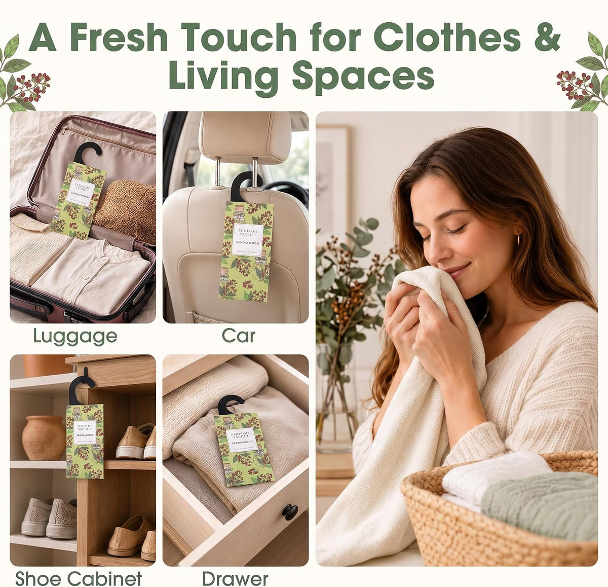 Large 12 Packs Sandalwood Hanging Scented Sachets Long-Lasting Closet Deodorizer Air Freshener Fabric Refresher Odor Eliminator for Drawer Home Fragrance Gift Set