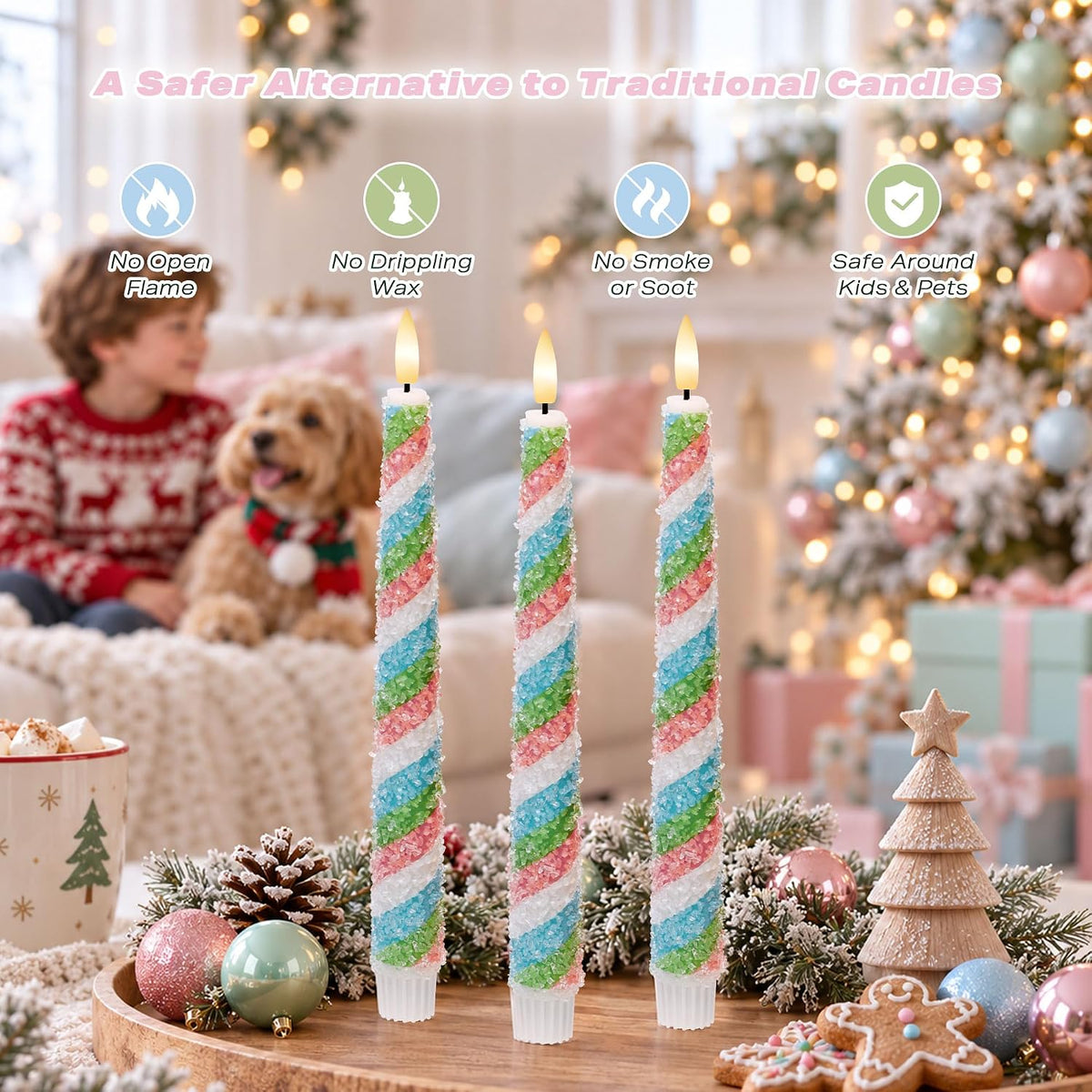 Candy Cane Flameless Taper Candles with Remote, Pastel Christmas Decoration