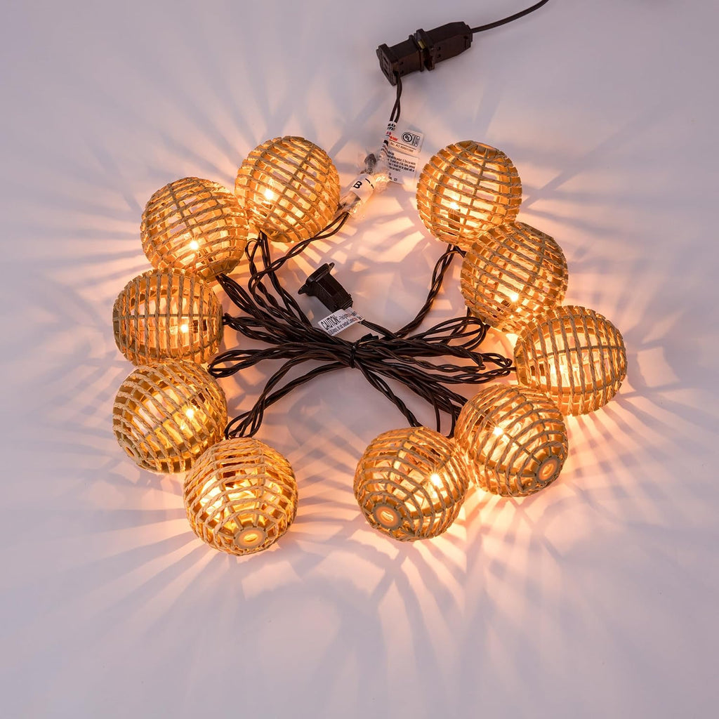 TWINKVILLA Decorative String Lights Plug in with 10 Incandescent Bulbs, Natural Rattan Globe Boho Lantern String Lights Connectable Weatherproof Outdoor Indoor for Bedroom Patio Pergola Decor