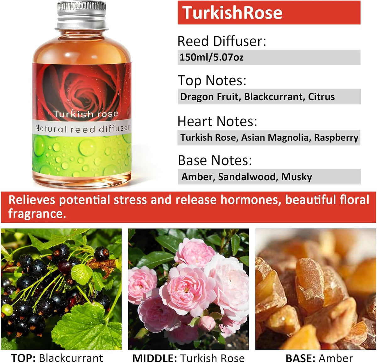 Reed Diffuser Set, Home Fragrance & Decorative Diffuser, Dried Flower Aromatherapy Oil Set, Oil Diffuser Sticks, Ceramic Bottle 5.07 oz(150ml) /1 Pack (TurkishRose)