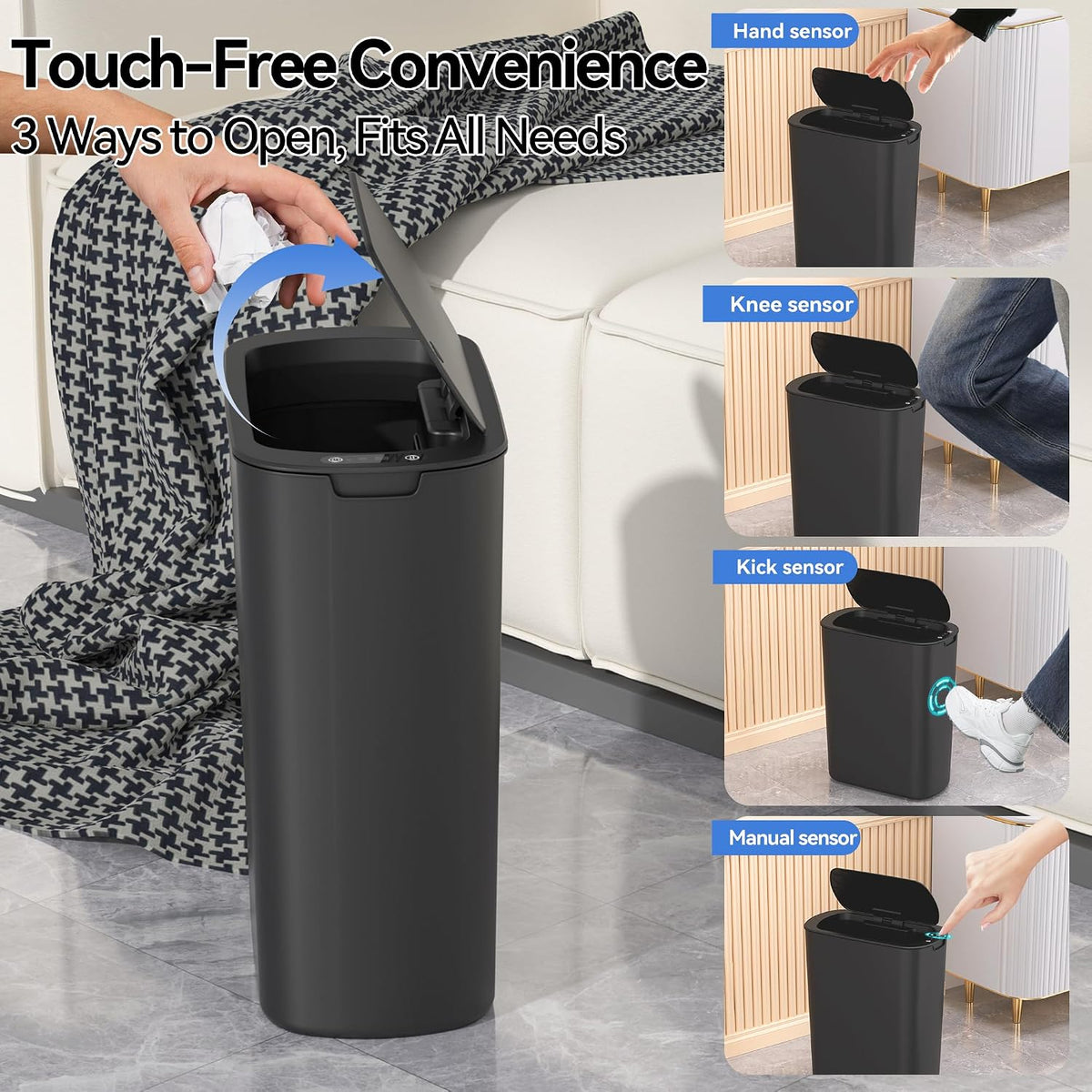 FRESHLIX 5 Gallon Bathroom Automatic Trash Can with Lid, Motion Sensor Touchless Trash Bin,Smart Electric Slim Waterproof Garbage Bin for Toilet, Office, Kitchen, Bedroom, Living Room (Black)