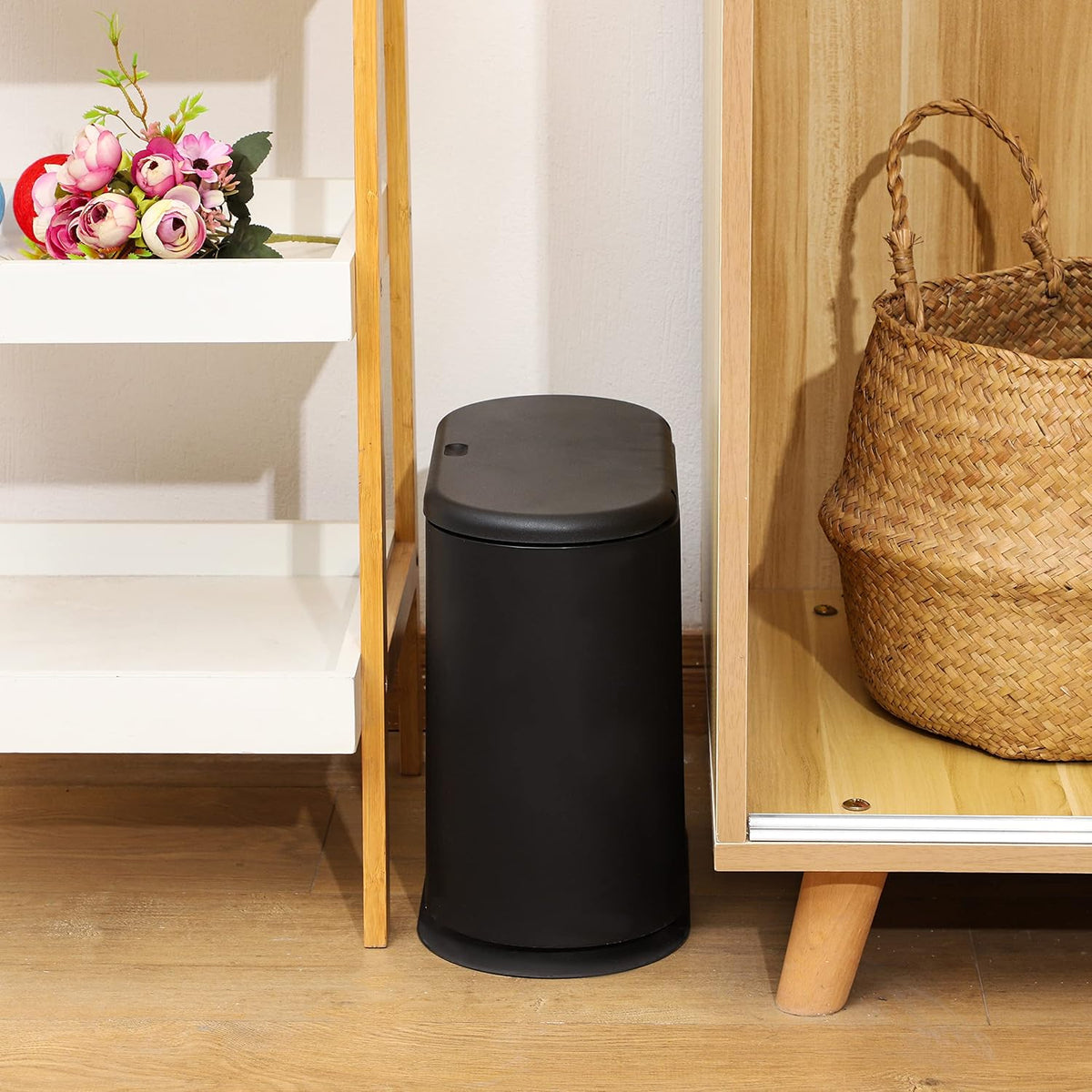 12L Black Slim Bathroom Trash Can with Press Top Lid,3.17 Gallon Pet/Dog Proof Kitchen Trash Can,Thin Garbage Can,Covered Wastebasket,Narrow Small Plastic Trashcan for Craft Room,Bedroom,Office,Dorm