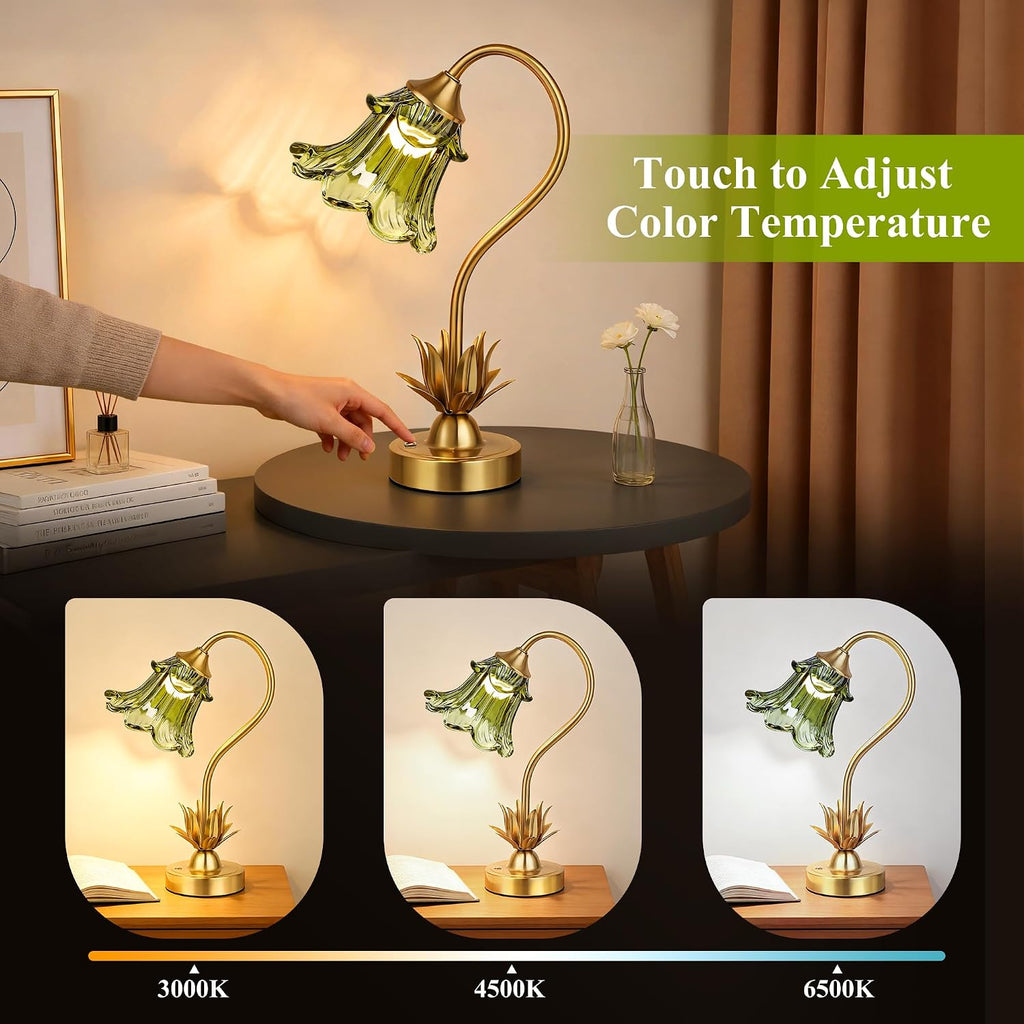 PARTPHONER Cordless Flower Table Lamp with Glass Lampshade, 5200mAh Rechargeable Battery, 3-Color Dimmable Touch Control, Portable Desk Lamp for Nightstand, Patio, Camping, Restaurant & Home, Green