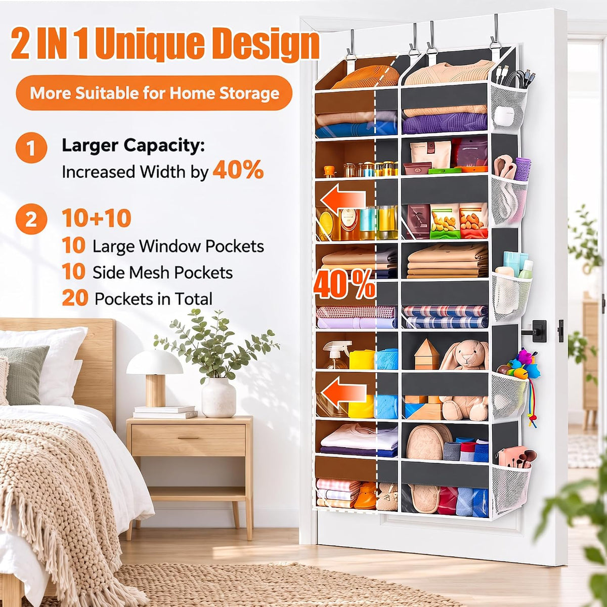 UVIAHOMI Heavy Duty Over Door Organizer 5 Tiers, 10 Front & 10 Mesh Pockets